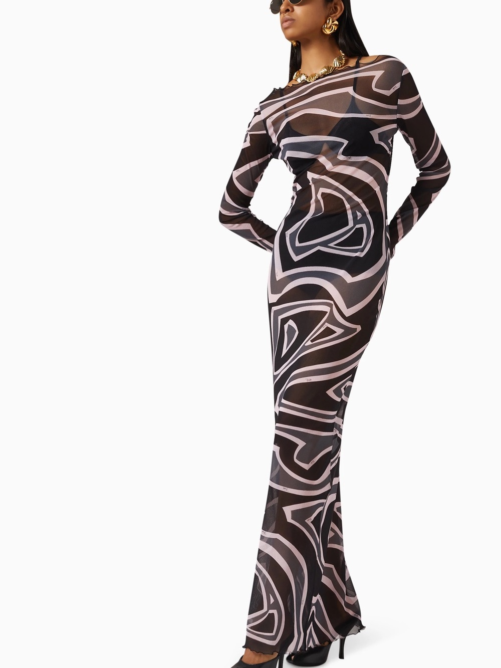 Emilio Pucci Black and Pale Pink Abstract Sheer Maxi Dress